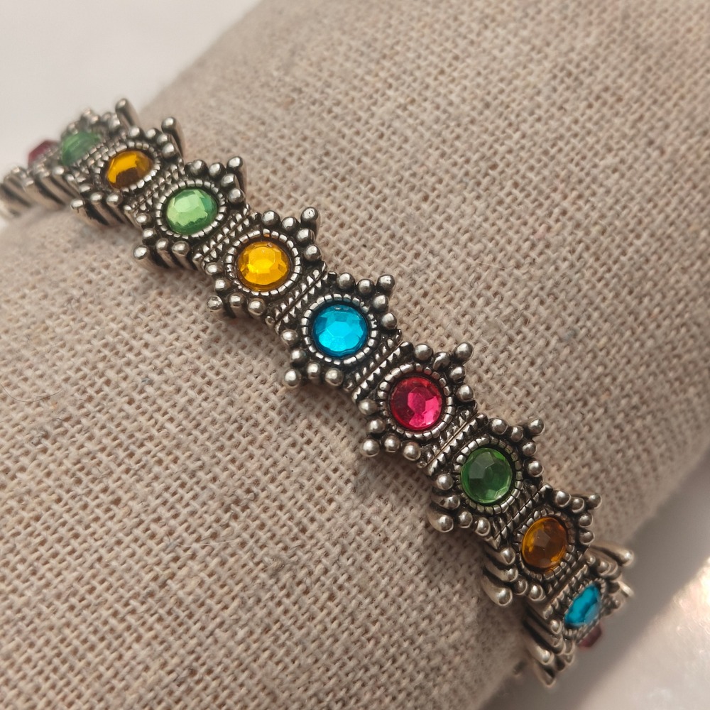 Multi Color Round Rhinestone Stretch Bracelet Silver Tone Metal Ornate Bohemian